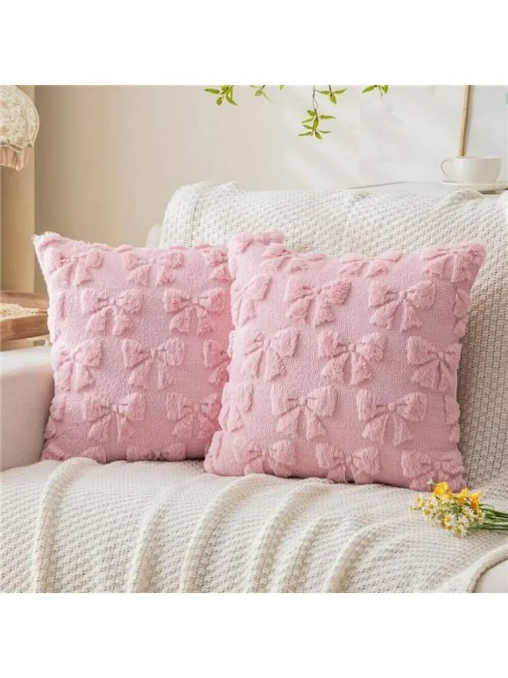 Pink Bow Pillow Covers 18x18 Set of 2 Plush Faux Fur Coquette Christmas Cushion